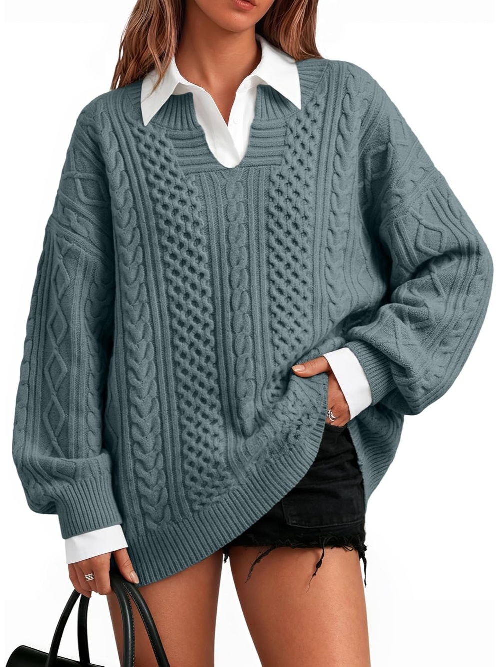 🆕 Womens Gray Cable Knit Oversized Sweater V Neck Long Sleeve Pullover Top